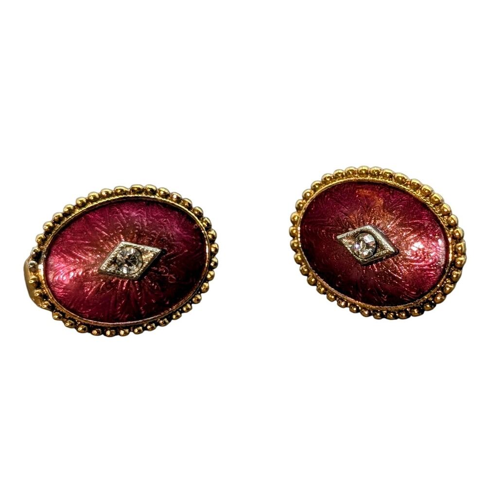 Vintage Unsigned Pink Enamel Oval Beaded Center Rhinestone Clip On Earrings